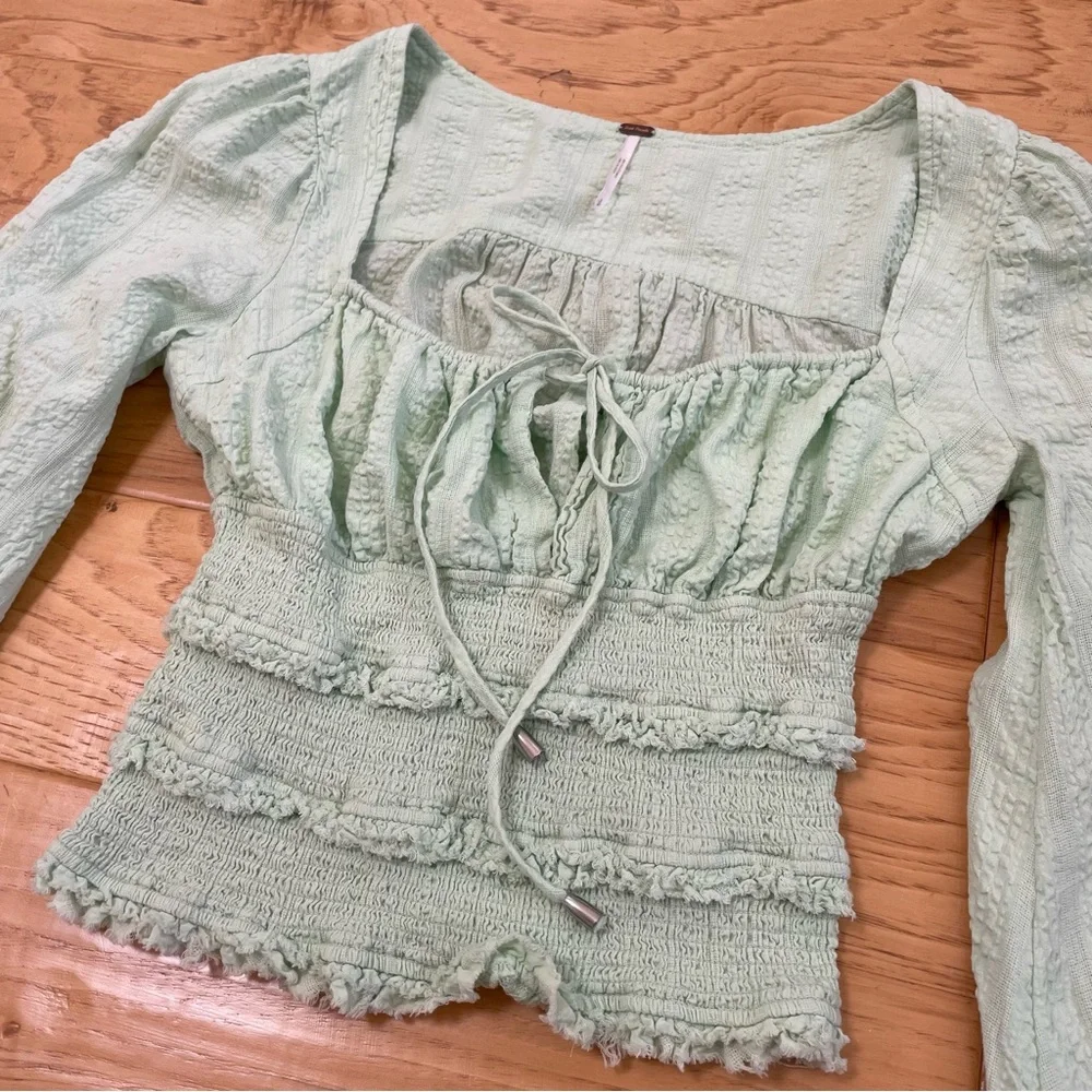 Free People Lolita Blouse Top Puff Long Sleeve Smocked Queen Green Size Small